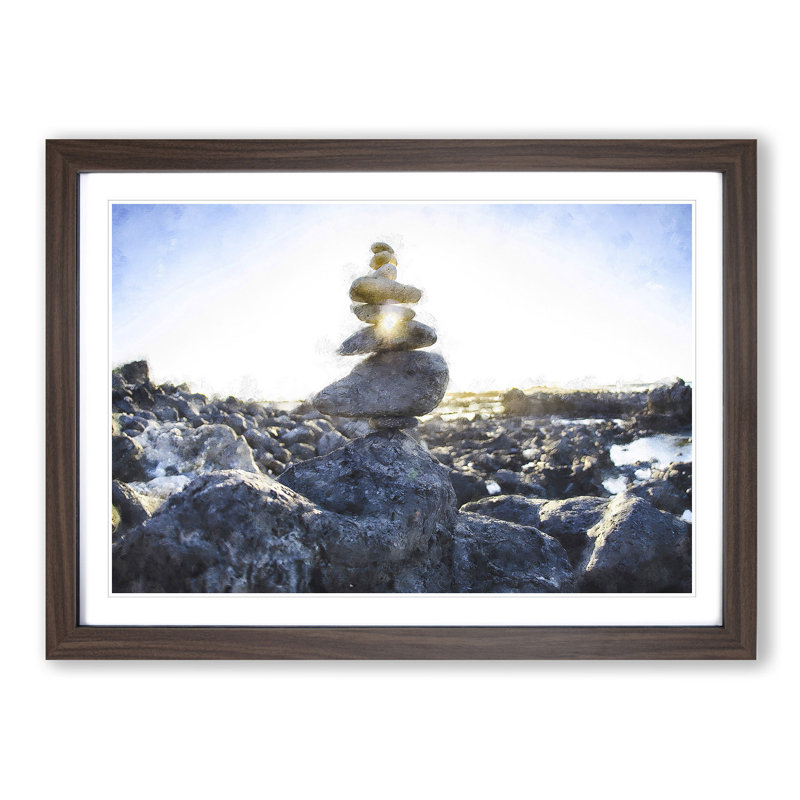 Rock Cairns with Sunlight - Picture Frame Painting Print, 62cm H x 87cm W x 2cm D, Walnut Framed