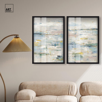 Shallow Waters Abstract Duo Shadowbox Print Calming Wall Decor by Art Remedy, Blonde Frame, 24 x 36
