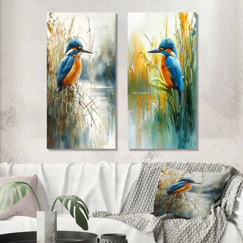 Art mural "Martin-pêcheur au bord du lac I" 2 pièces, Toile tendue, H 32 po x l 33 po