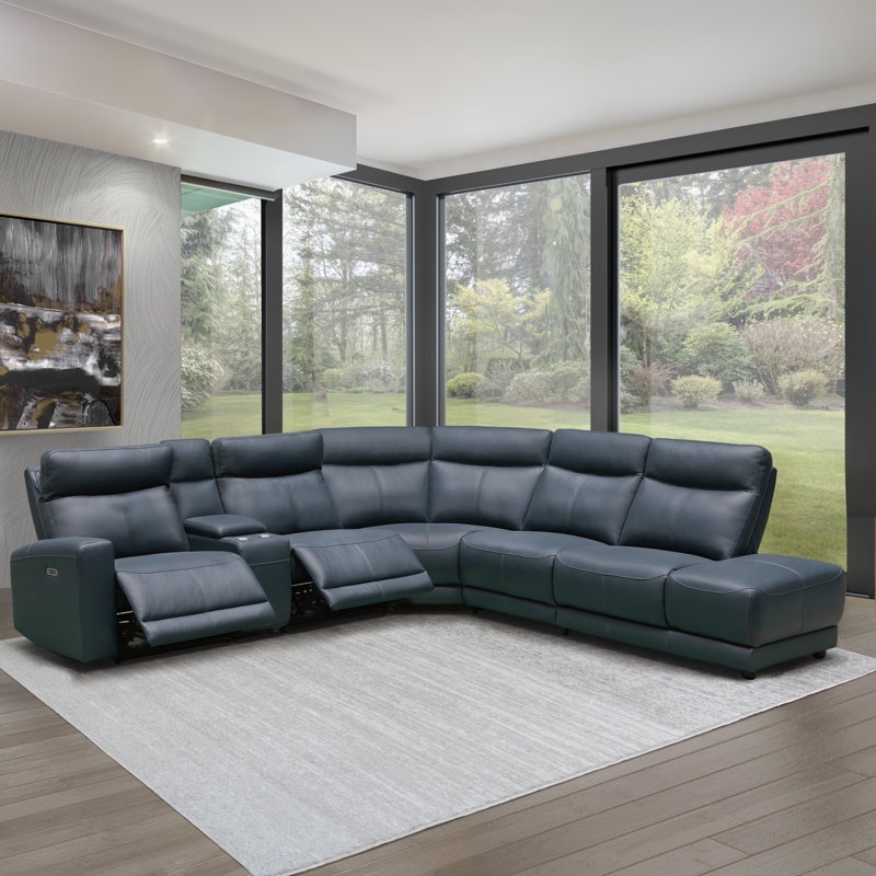 Alburquerque Upholstered Power Reclining L-Shaped Sectional Right Hand Facing, Blue Genuine Leather