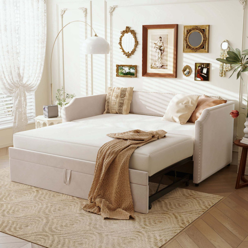 Velvet Upholstered Daybed With Pop Up Trundle, Beige