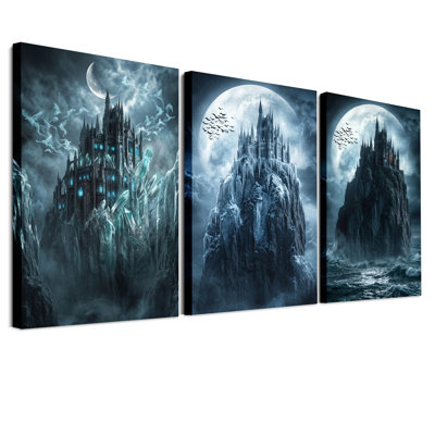 Château gothique sombre sur falaise rocheuse, ensemble de 3 toiles murales pour l'Halloween