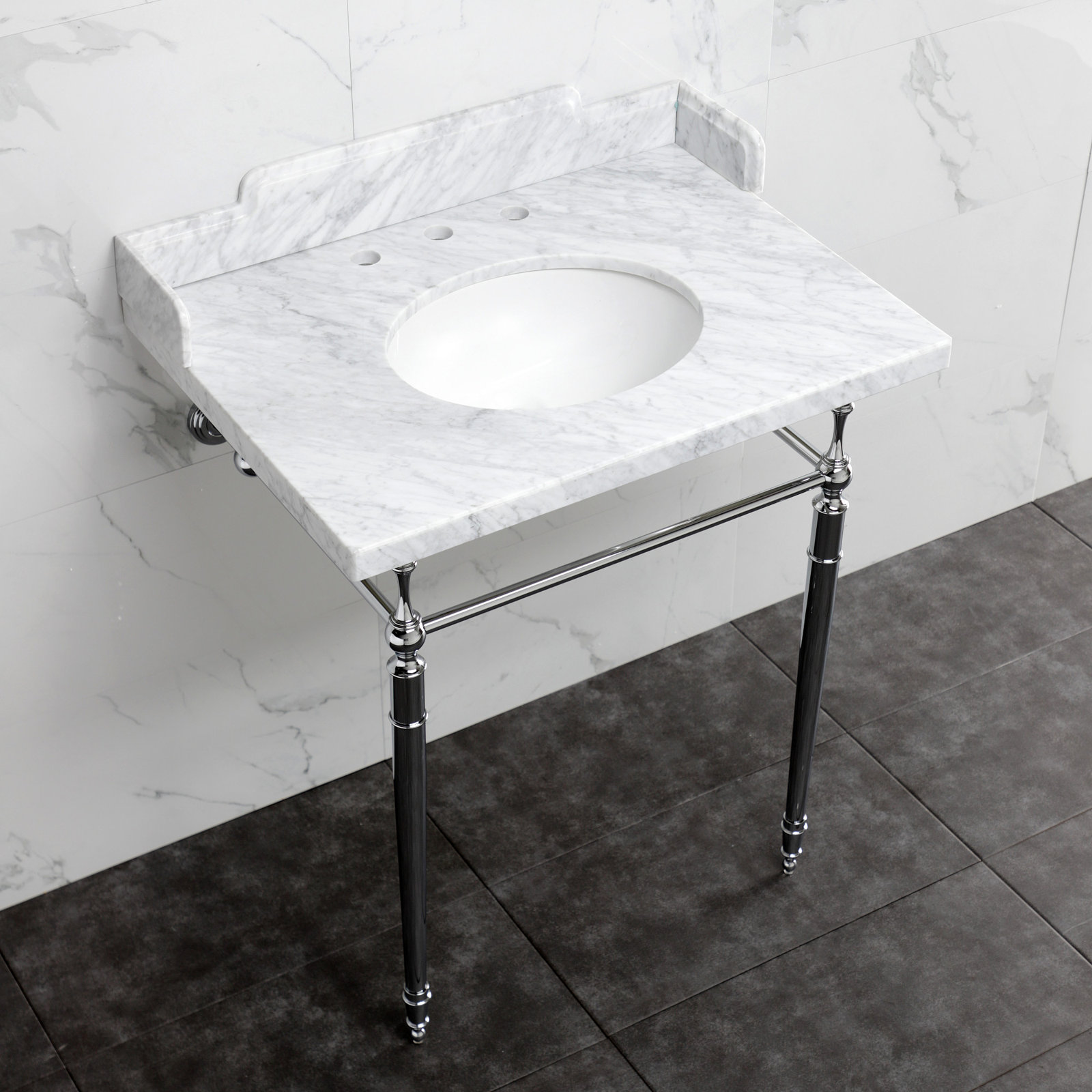 Kingston Brass Habsburg 30-Inch Carrara Marble Console Sink with Brass Legs (8-Inch, 3-Hole), Marble White/Polished Chrome
