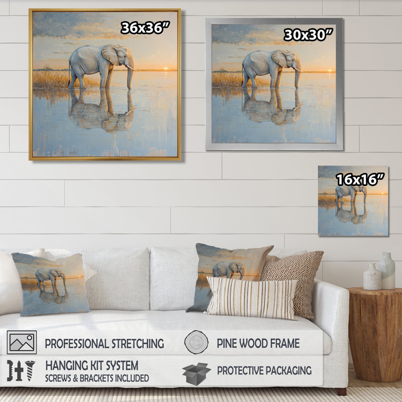 Éléphant au bord de l'eau d'Afrique I - éléphant, art mural, H 16 po x l 16 po, Impression encadrée flottante