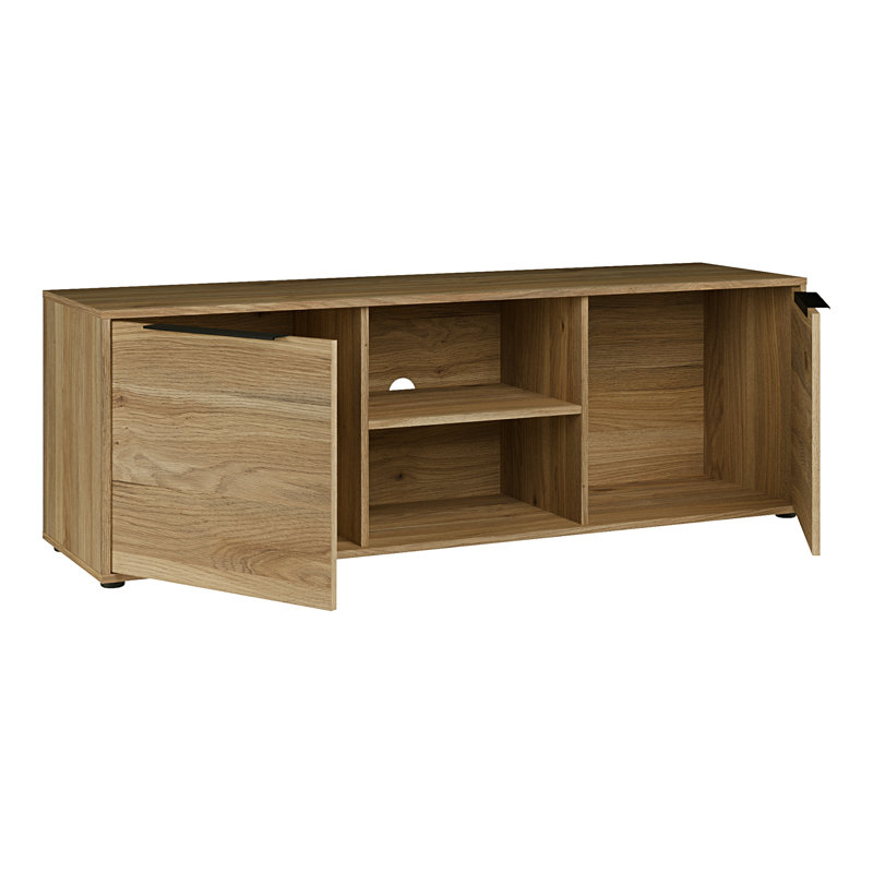 Tasharra Minimalistic TV unit with 2 doors and open shelving, living room, engineered wood, cable management, warm oak decor, 152.6 cm W x 49.7 cm H x 41.4 cm D