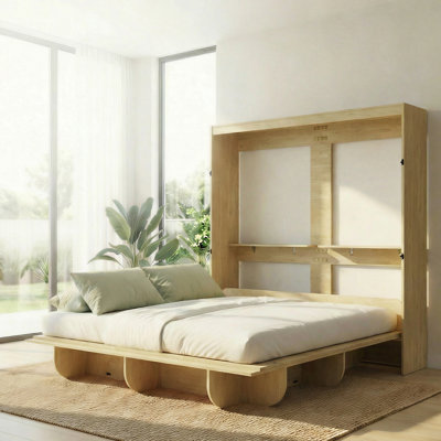 Queen Murphy Bed Cabinet With Bookshelf & Automatic Latch Lock