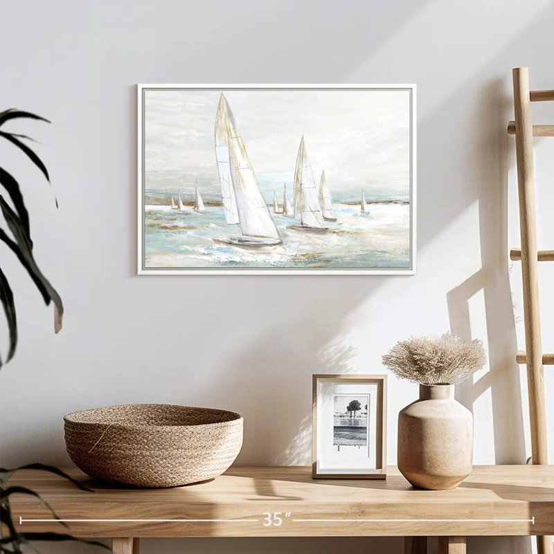 Voiles balayées par le vent I, Cadre flottant blanc, 19 po x 13 po