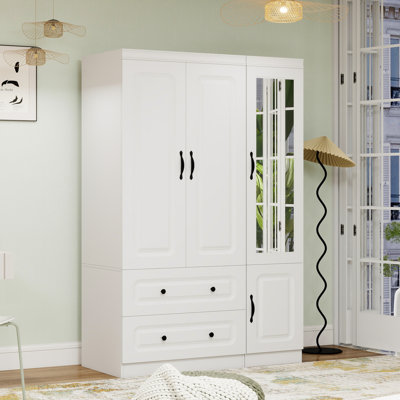 Modern White Wardrobe With Strong Storage, w/Drawers & Mirror Door by Lark Manor