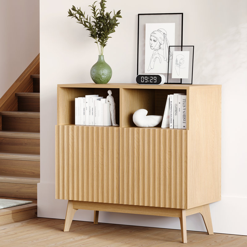 80cm Compact Small Sideboard, Ribbed Door Storage Cabinet, Ivory