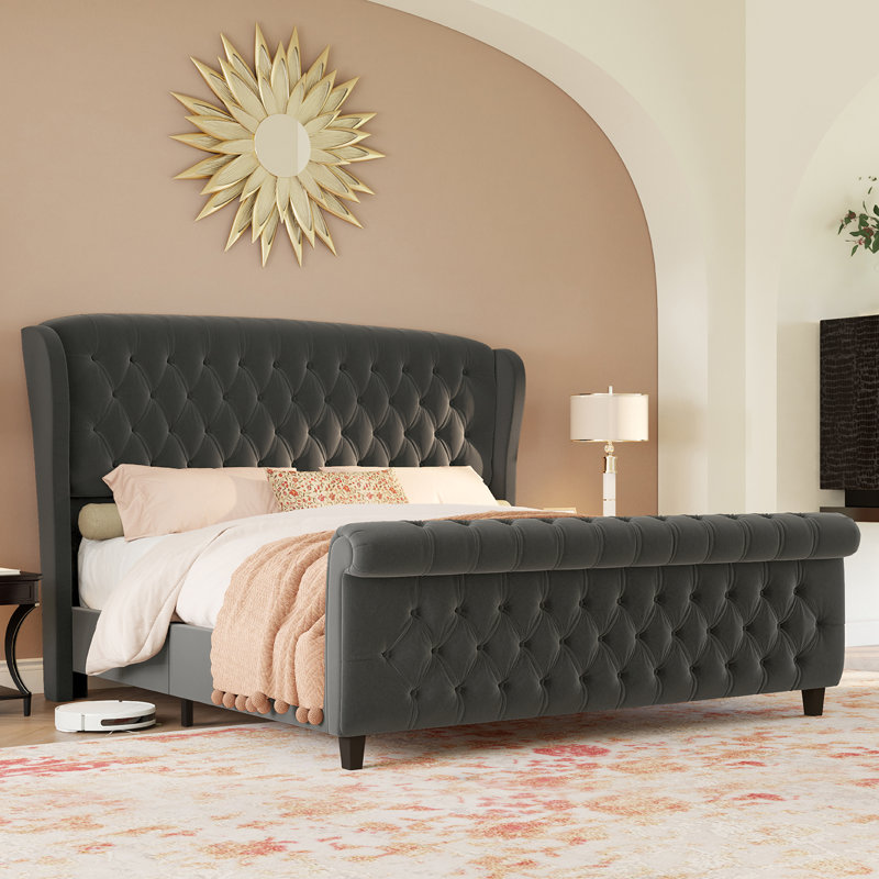 Gray Velvet Queen Platform Bed with Tufted Headboard and Footboard