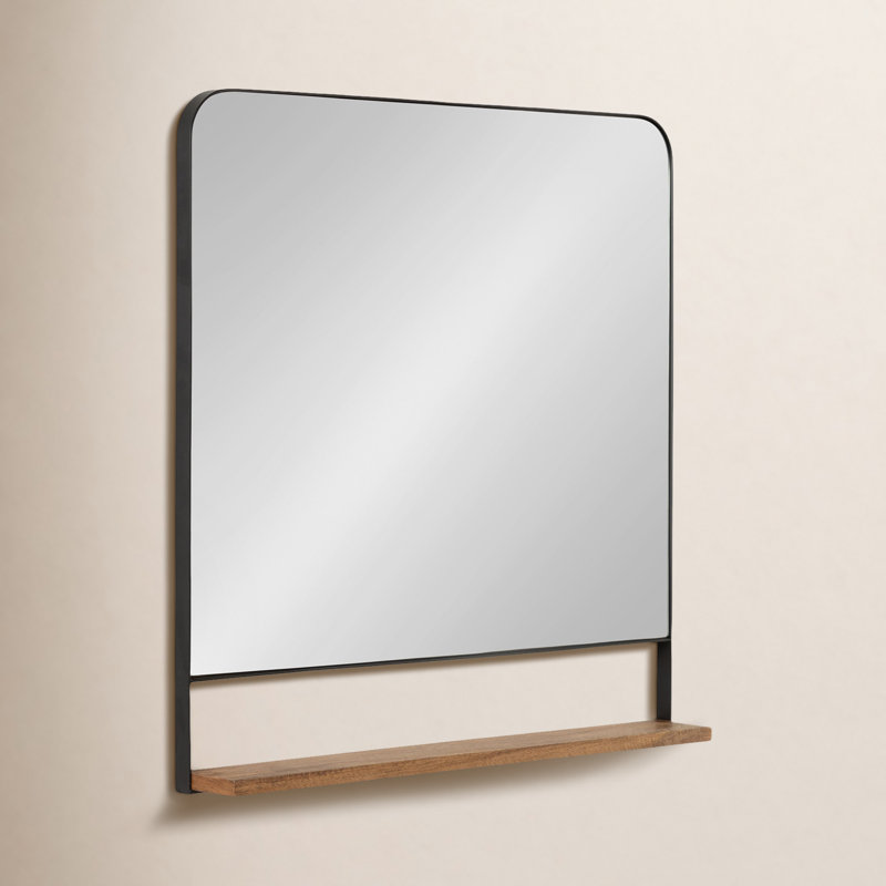 Miroir mural en métal avec tablette Branchville, 32 po x 32 po, Brun naturel et noir, Carré