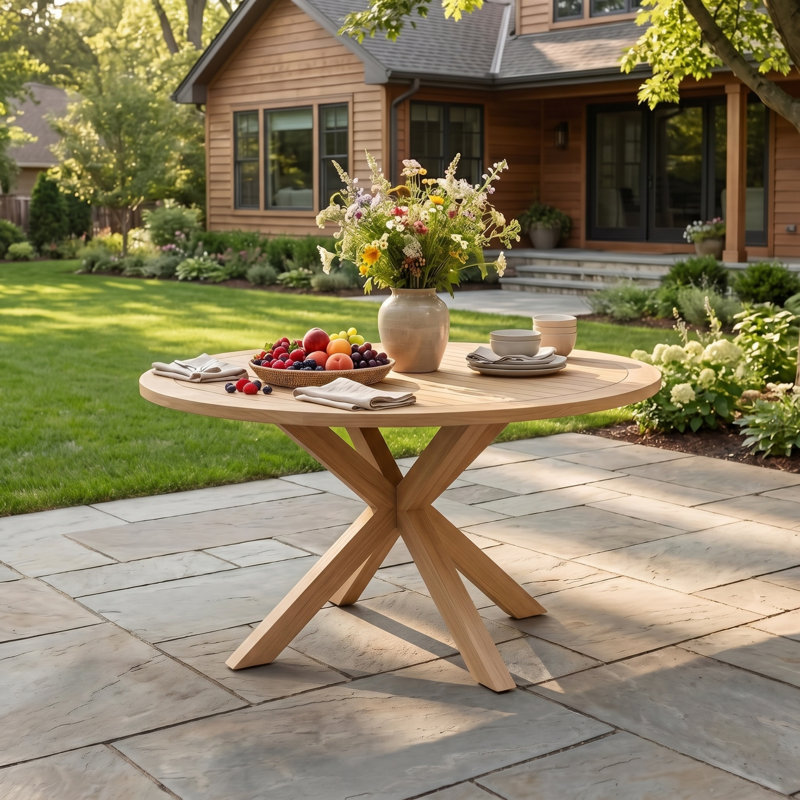 Table de salle à manger ronde en bois d'acacia de 44,5 pouces avec base en X à lattes pour table de jardin à l'arrière