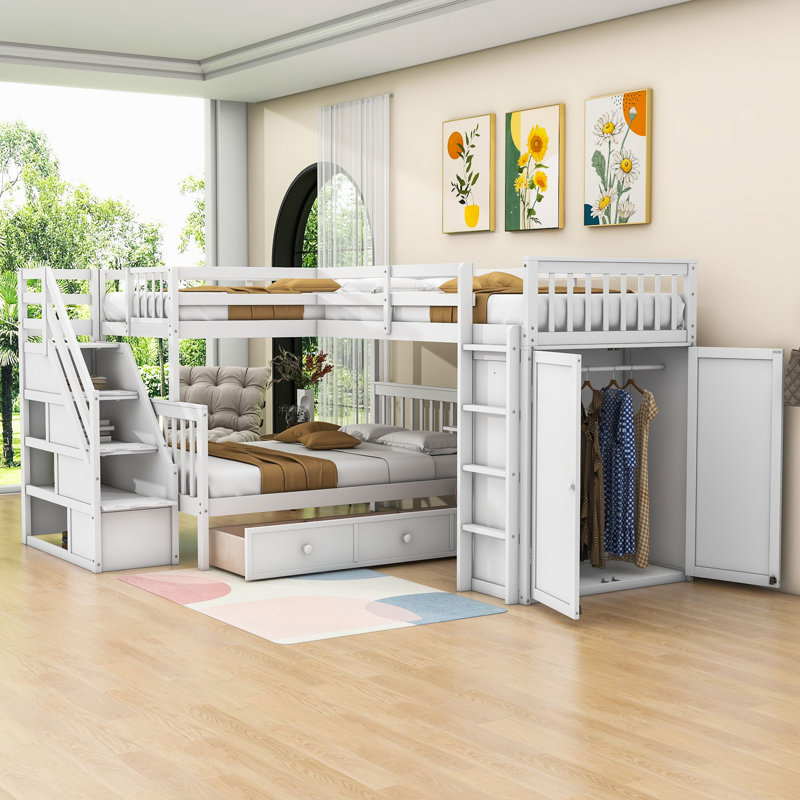 Jaritsa Twin and Twin over Full Wooden L-Shaped Bunk Bed With Portable Desk and Wardrobe - Thumbnail 2