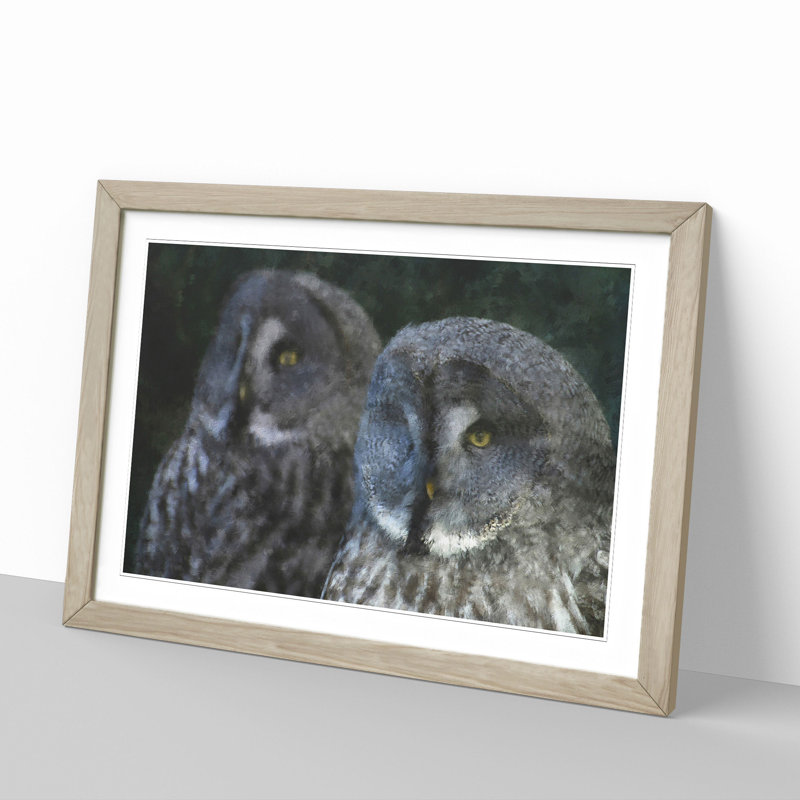 Great Grey Owls - Picture Frame Painting, Oak Framed, 27cm H x 36cm W x 2cm D