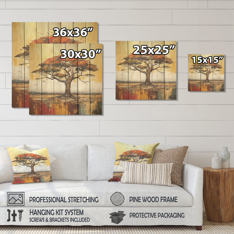 Arbre d'essence sauvage d'Afrique II - Arbre africain sur bois, H 15 po x l 15 po