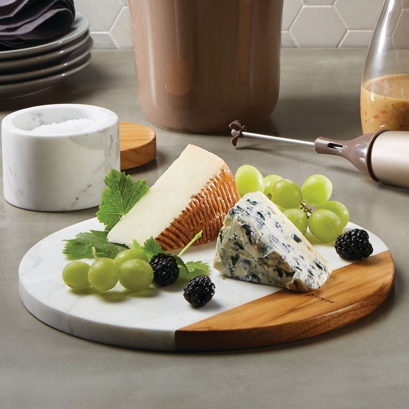White Marble and Teakwood Round Serving Board, 10-Inch