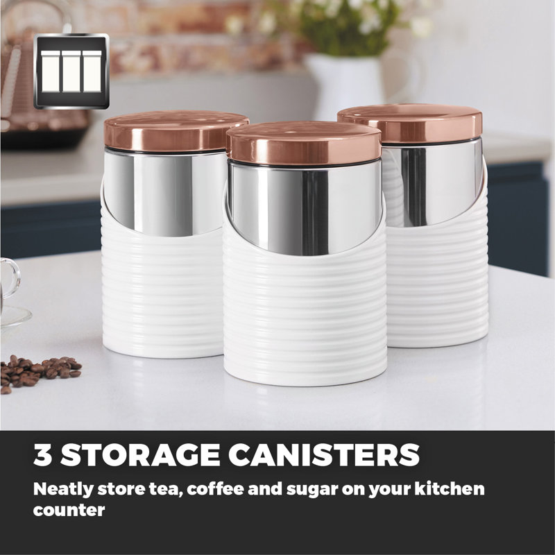 Tower Linear T826001RW Set of 3 Canisters with Air Tight Lid and Polished Stainless Steel, White and Rose Gold, 11.6 x 11.6 x 17 cm