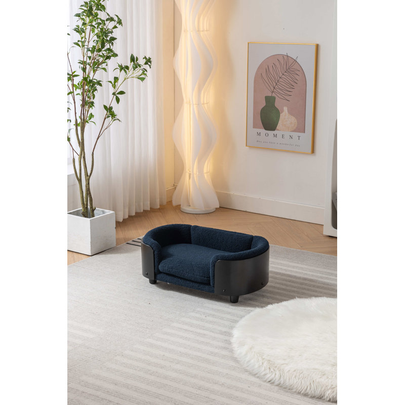 Lit pour chien surélevé de style scandinave avec pieds en bois massif, H 9,76 po x l 26,3 po x P 16,27 po, Bleu foncé/noir