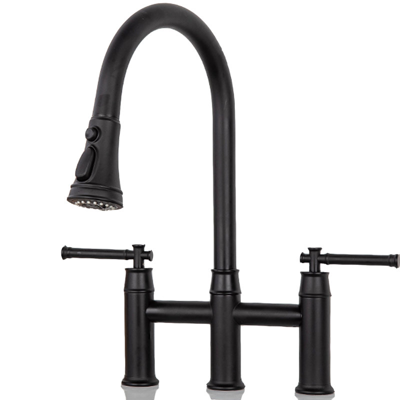 Pull Down Bridge Faucet With Accessories, Matte Black