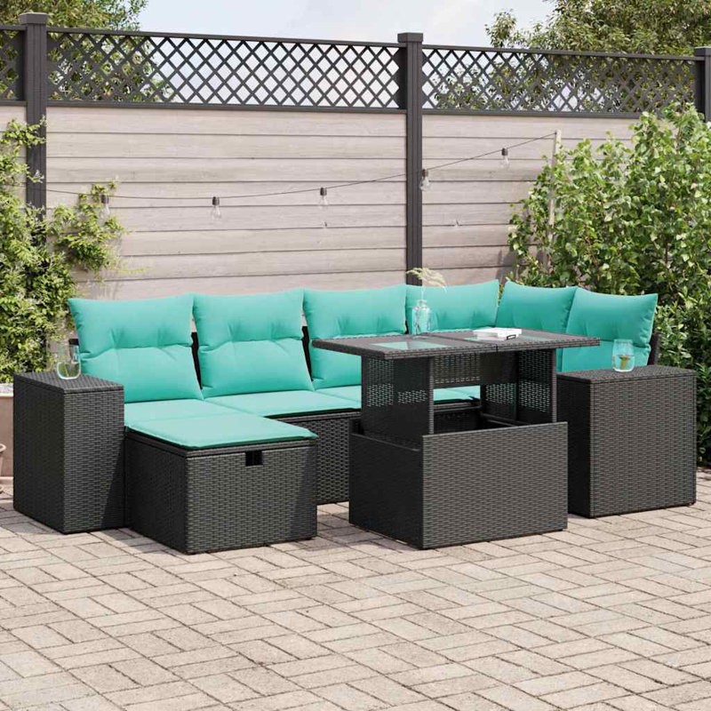  7 Piece Patio Sofa Set With Cushions Poly Rattan Acacia, Gray, Green