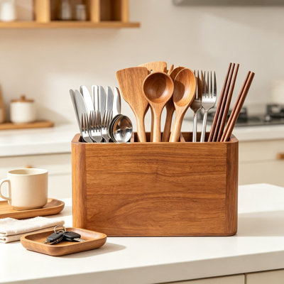 Porte-ustensiles de cuisine en acacia pour comptoir, grand organisateur en bois avec séparateurs amovibles et trous de drainage, rangement multi-compartiments pour cuillères, spatules et pinces, fixation murale ou présentoir de comptoir, décoration de cuisine naturelle