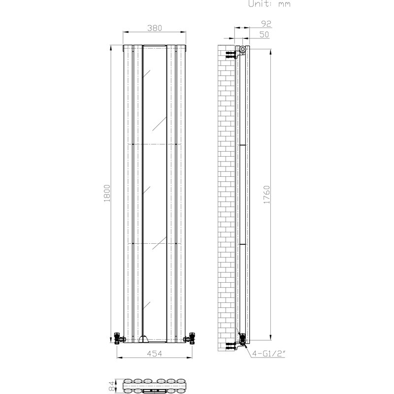 iBathUK Princia Double Panel Mirror Radiator Angled Valve, White, 1800cm H x 380cm W x 84cm D