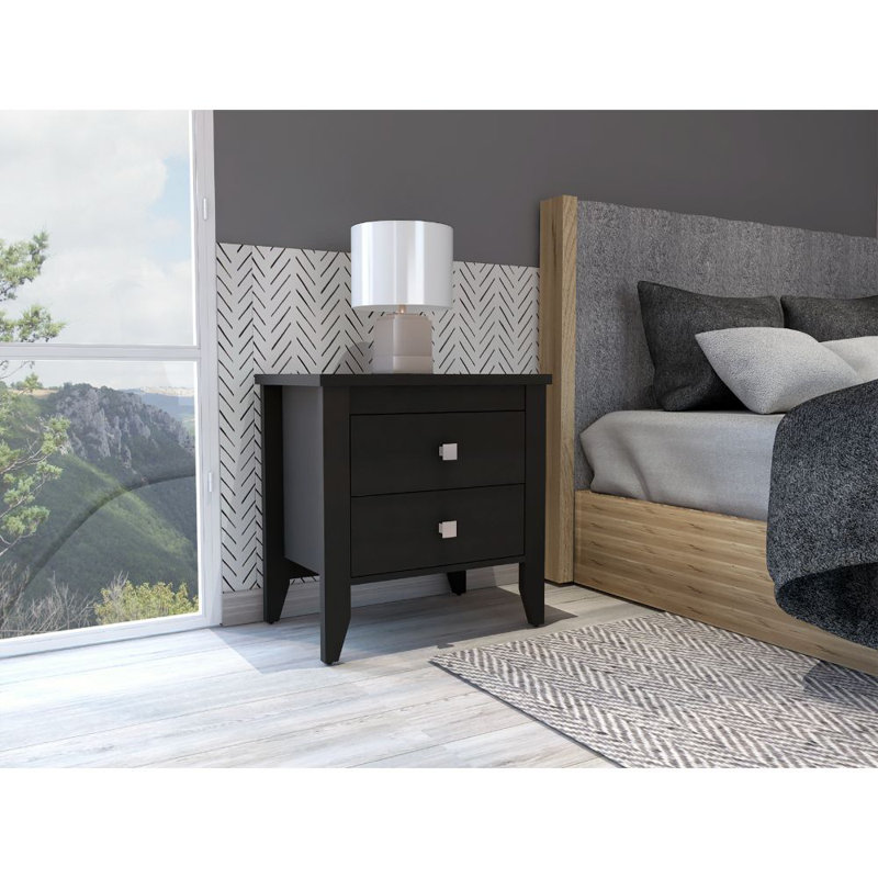 Table de chevet moderne à quatre pieds Breeze, avec deux tiroirs, Noir