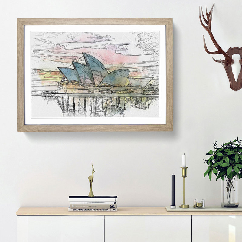 Sydney Opera House at Sunset in Abstract - Picture Frame Graphic Art Print, 48cm H x 65cm W x 2cm D, Oak Framed