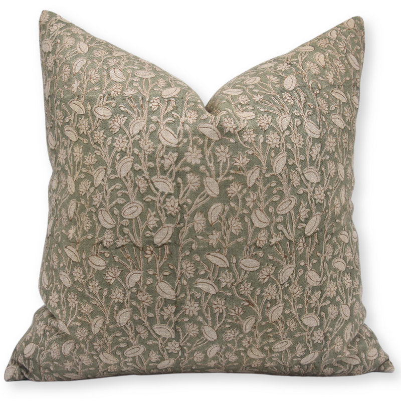 Linen Indoor/Outdoor Pillow Cover, 26" x 26", Green/Beige Floral 1