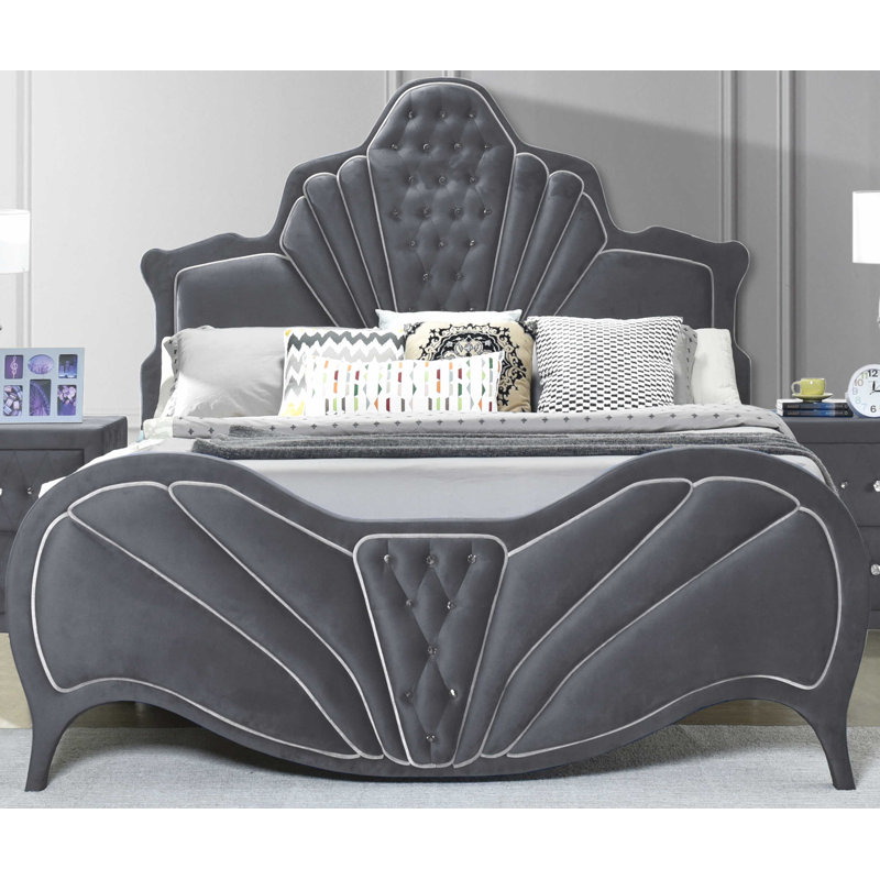 Grand lit plateforme tapissier Lieran, Gris, Grand