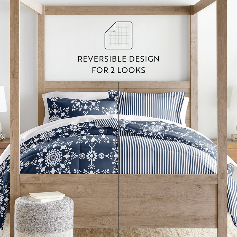 Navy and White Reversible Microfiber King Comforter Set