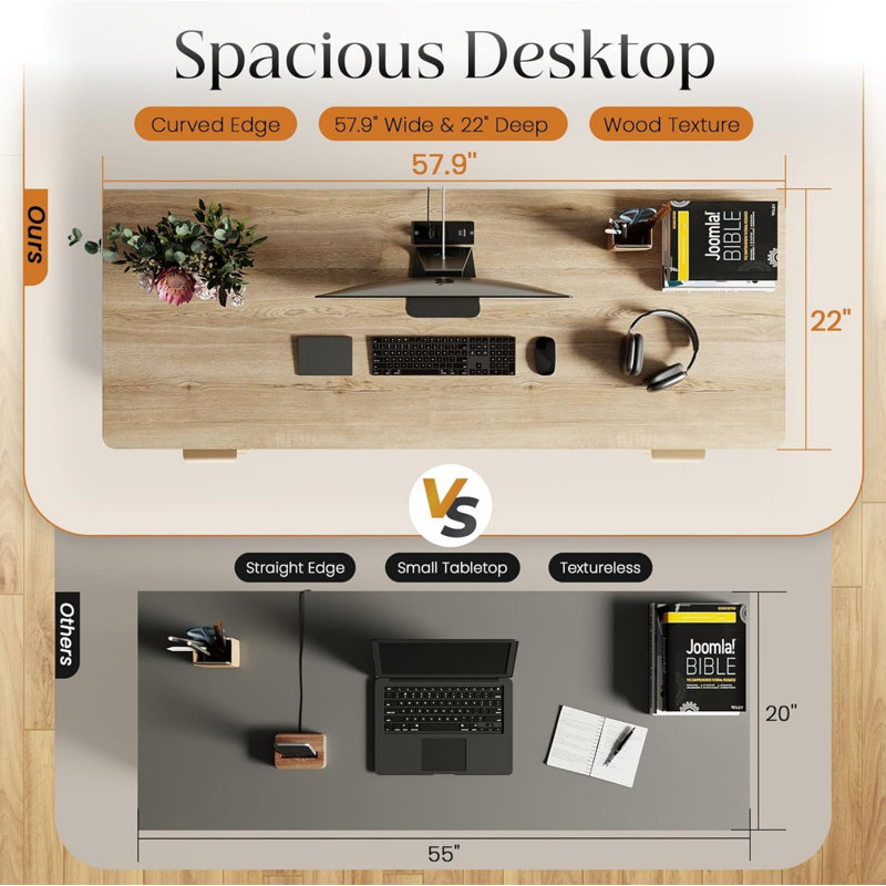 58" Fluted Home Office Desks With Storage, Modern Executive Desk Computer Desks With 5 Drawers & Cabinet, Wood Work Desk File Drawer For Office, Bedroom, Study, Living Room