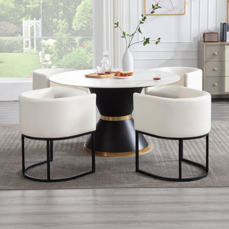 Upholstered Faux Leather Dining Chair Modern Arm Chair, Black, Cream