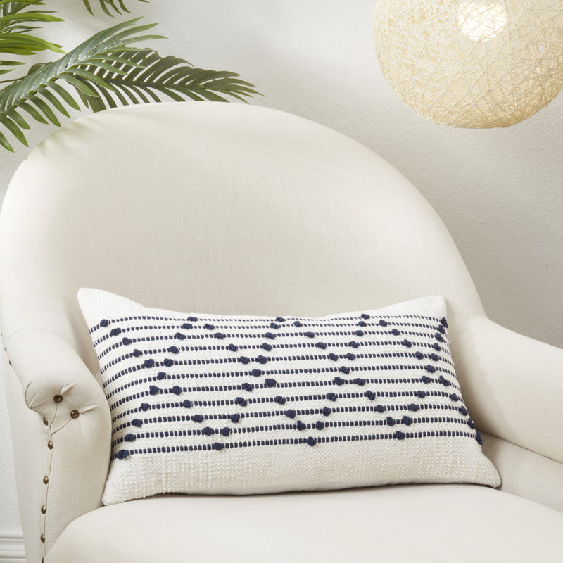 Off-White and Navy Diamond Weave Cotton Throw Pillow, 14"x22"