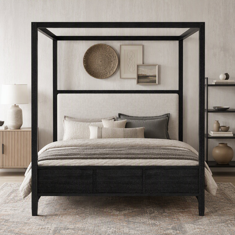 Lit plateforme à baldaquin en bois avec tête de lit tapissier, Noir, Grand lit