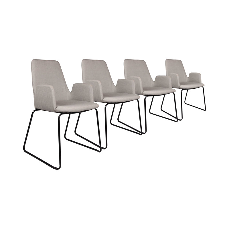 4 Wirth Linen Upholstered Dining Chair with Black Metal Skid Style Legs, Light Grey