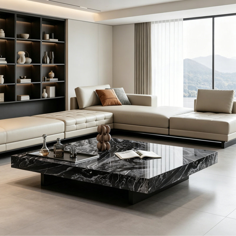 Table basse moderne carrée en faux marbre noir