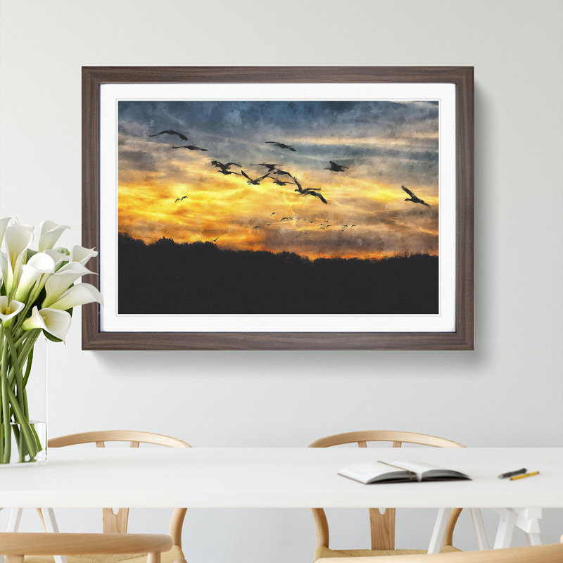 Geese at Sunset - Framed Print, 27cm H x 36cm W x 2cm D, Walnut Framed