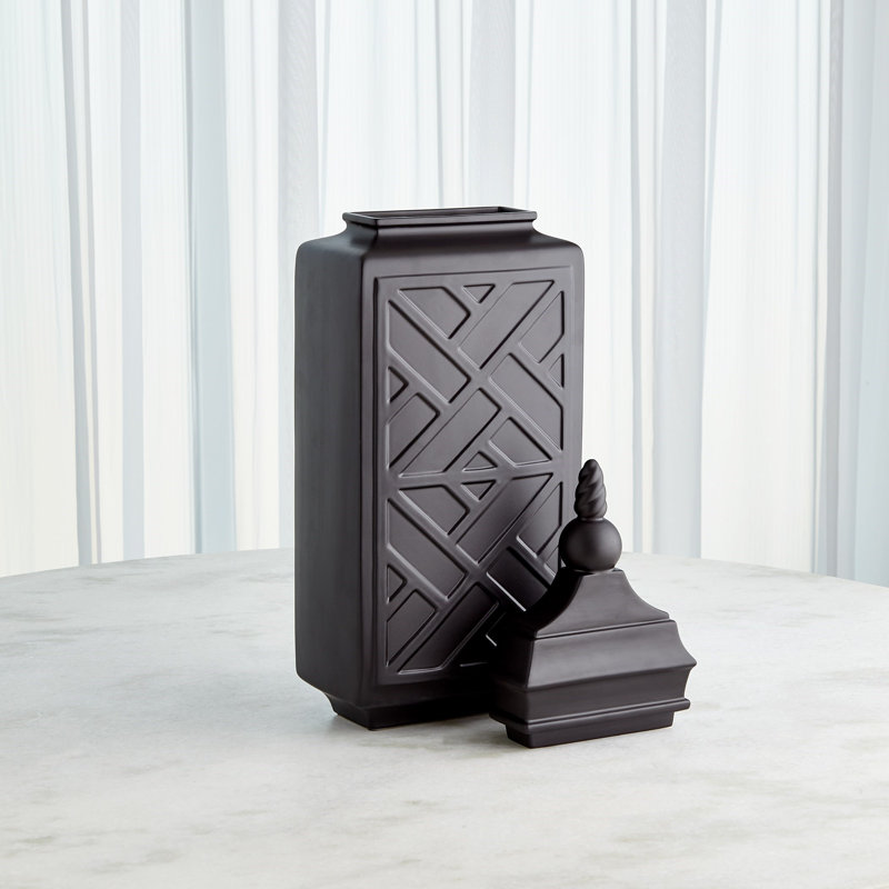 Chinoiserie Handmade Ceramic Jar, Matte Black, 30" H x 10.5" W x 6" D