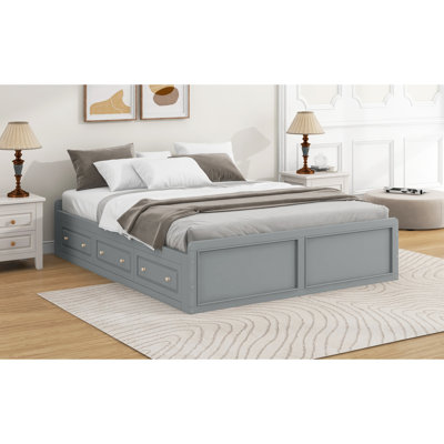 Wood Queen Size Platform Bed Frame With 6 Drawers, Gray