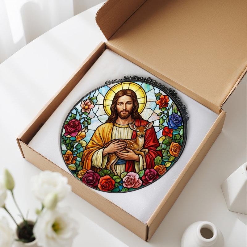 Jesus Deer Stained Glass Window Panel，12"H, 12"H