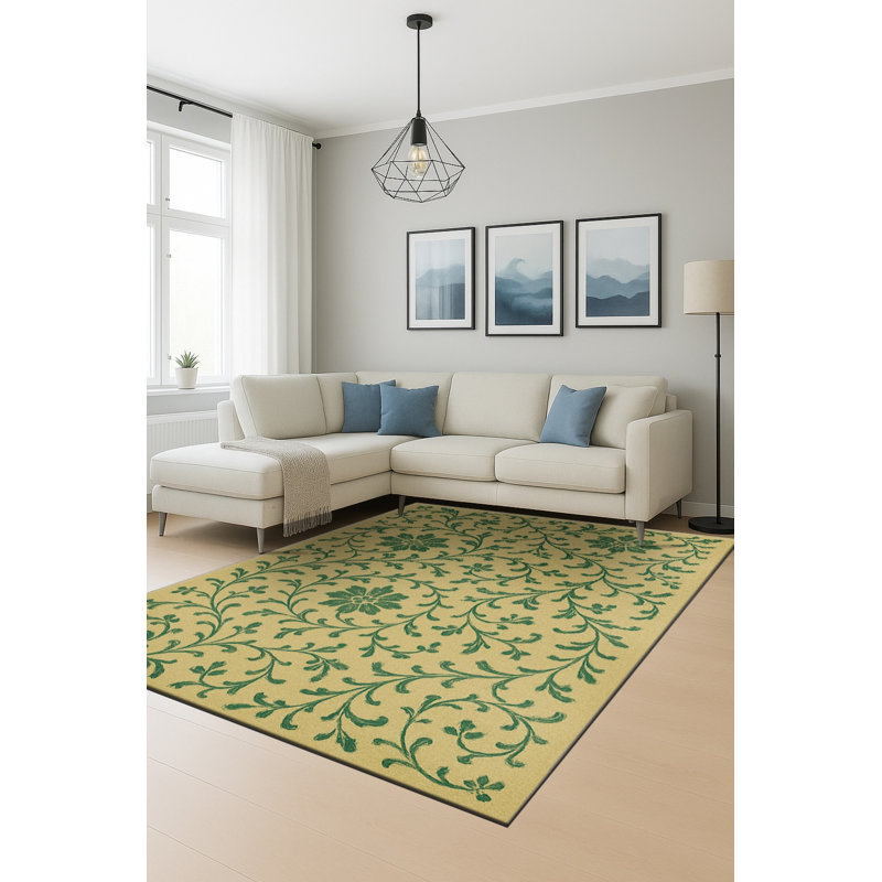 Tapis vert tissé à motif floral lavable Mosso, 3'3" x 4'11"