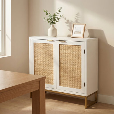 Geneva 31.5"W 2-Rattan Door Accent Cabinet with Adjustable Shelf & Gold Legs, White Sideboard Storage Cabinet
