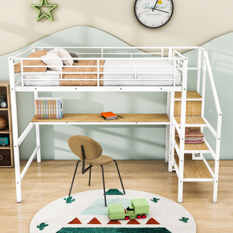 Kuhns Kids Full Loft Bed with Desk, LED Light and Wardrobe