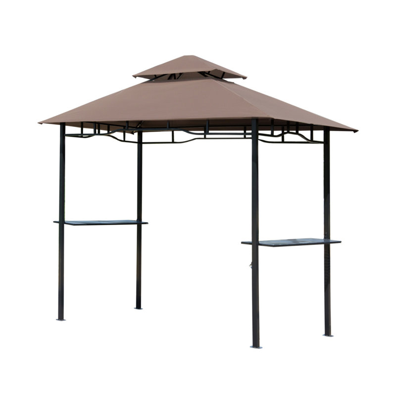 Pavillon de barbecue à double toit, auvent extérieur avec grille en métal, brun