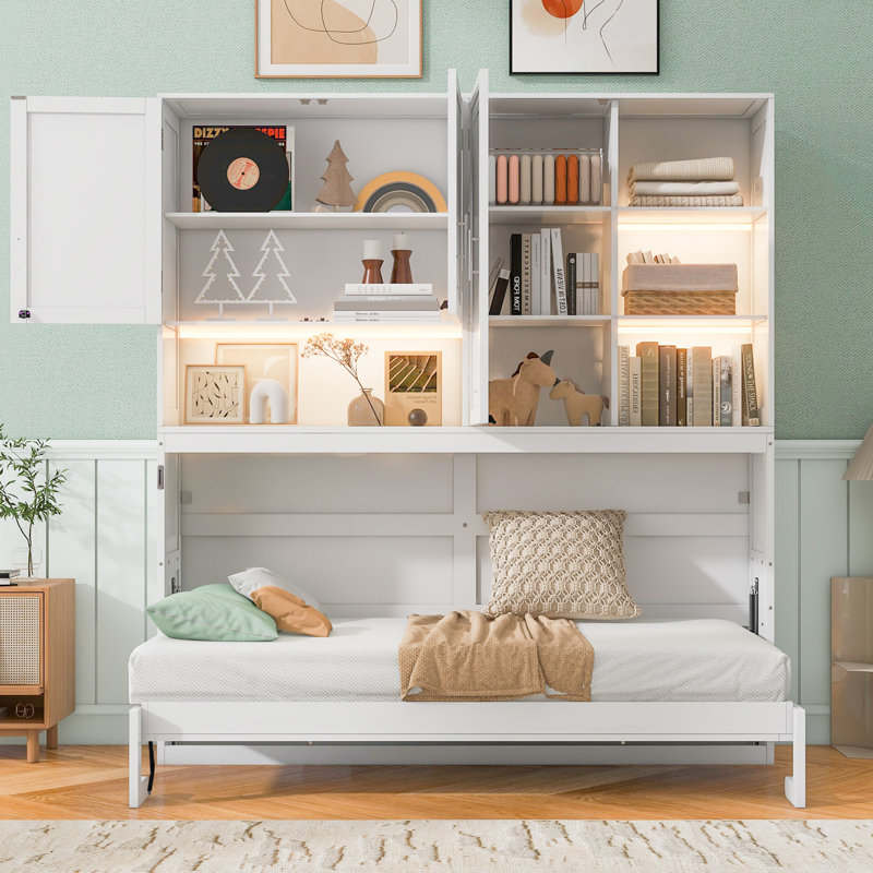 Lit escamotable simple avec armoire et rangement pour éclairage USB, Blanc