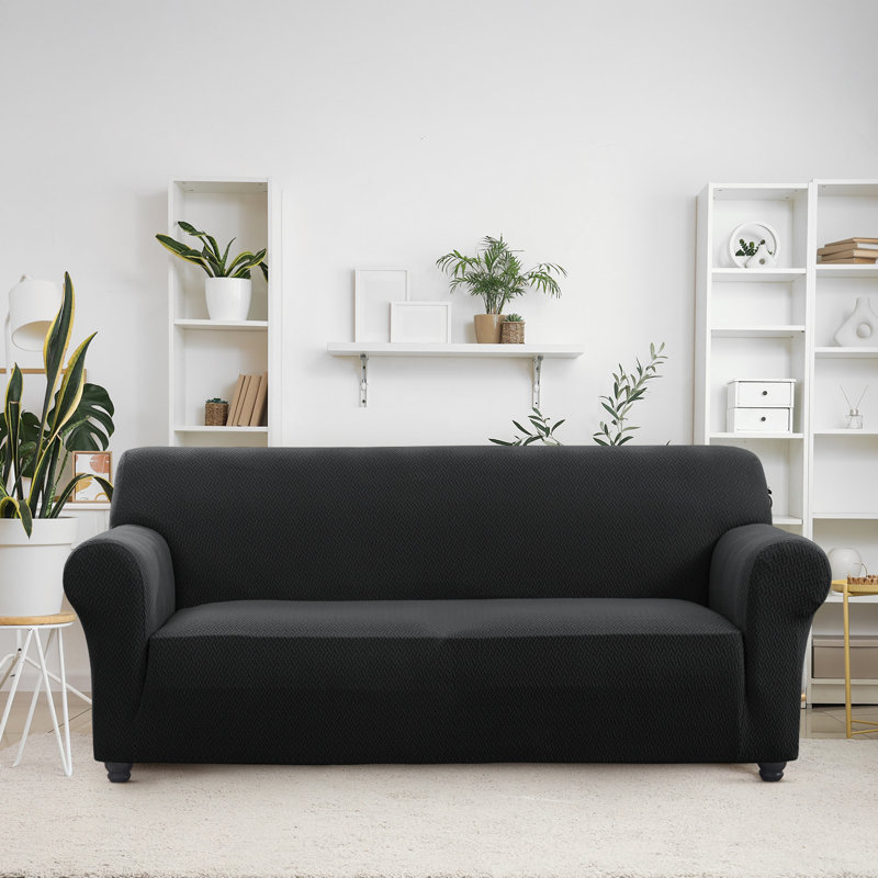 Durable Spandex Stretch Sofa Cover - Jacquard Pattern Sofa Slipcover & Furniture Protector, Black