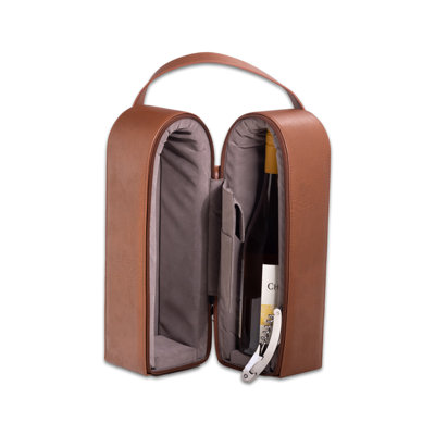 Brown Leather Wine Caddy For Two Bottles And Bar Tool With Corkscrew, Bottle Cap Opener & Foil Cutter -  Ebern Designs, AF6A7E97225D407C8FE302D788394E21