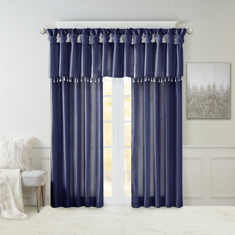 Navy Faux Silk Tab Top Valance with Beads