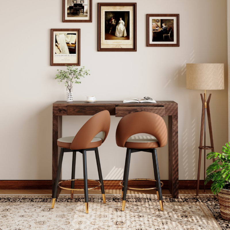 Ensemble de table à hauteur de comptoir moderne avec tiroirs et tabourets pivotants, Gris / Brun, 3 pièces: table, 2 chaises